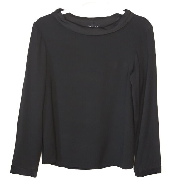 Theory Ander Solla Satin Trim Black Top M Minimalist Work Office Balletcore - Picture 1 of 7